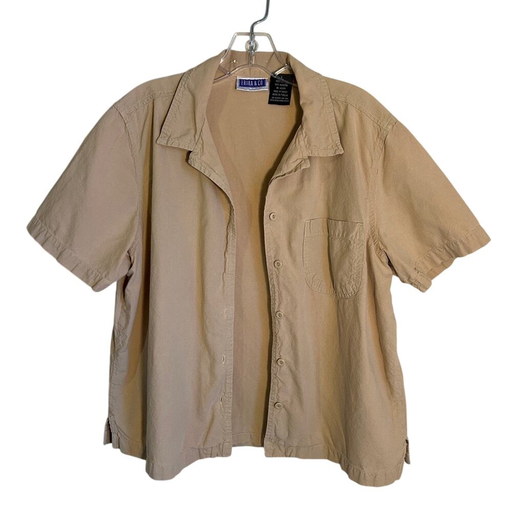 Vintage Erika & Co. Tan Short Sleeve Cotton Boxy Button Down Shirt Size Large